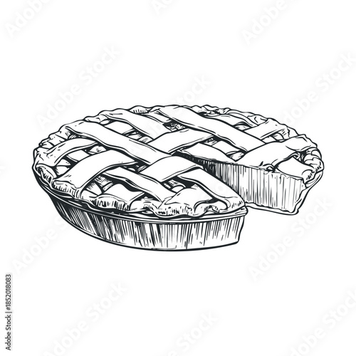 Delicious freshly baked dessert pie with a missing slice featuring a classic woven lattice crust, perfect for bakery menus, culinary blogs, or foodrelated publications.