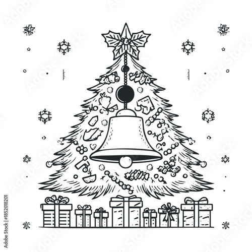 Festive black and white outline drawing of a decorated Christmas tree with a large bell and wrapped gifts underneath, perfect for holiday greetings and winter celebrations.