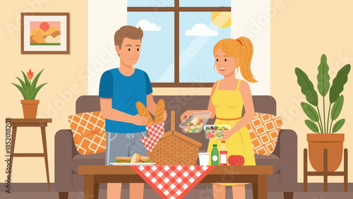 Couple preparing picnic basket with food and drinks at home.