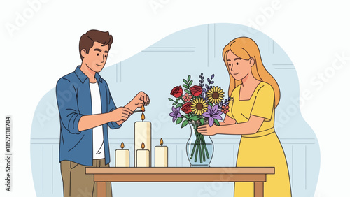 Couple lighting candles and arranging flowers for a special occasion or memorial.
