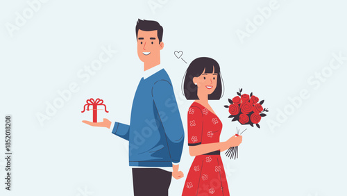 Couple exchanging gifts and flowers for a special occasion.