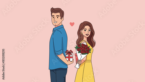 Couple Surprising Each Other with Gifts and Flowers on a Special Occasion.