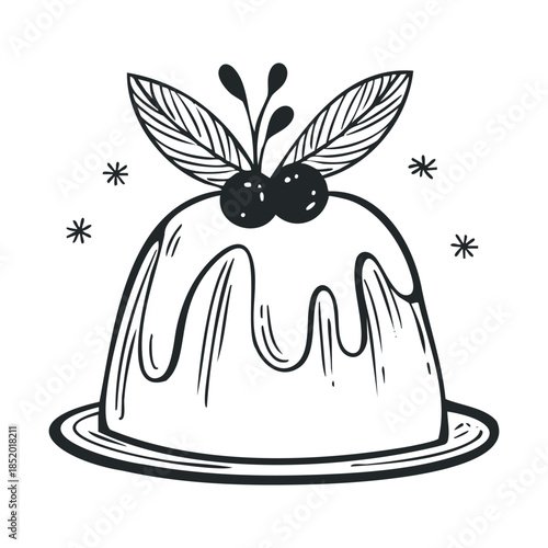 Festive dessert illustration featuring a traditional Christmas pudding adorned with holly and berries, ideal for holiday celebration projects, winter season promotions, and food related