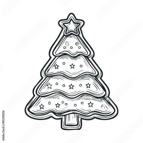 Black and white outline drawing of a multitiered Christmas tree cookie adorned with a prominent star and festive decorations, ideal for holiday greeting cards, winter celebration
