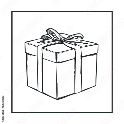 Hand drawn gift box with a decorative ribbon and bow, perfect for holiday greetings, birthday wishes, anniversary celebrations, or special event invitations.