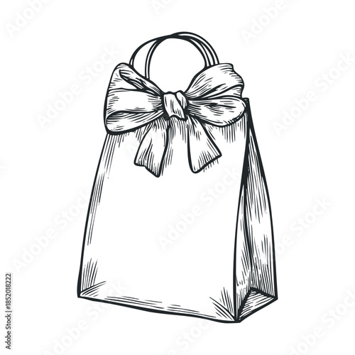 Hand drawn graphic representation of a stylish gift bag adorned with an elegant bow, perfect for holiday greetings, retail promotions, and celebration announcements.