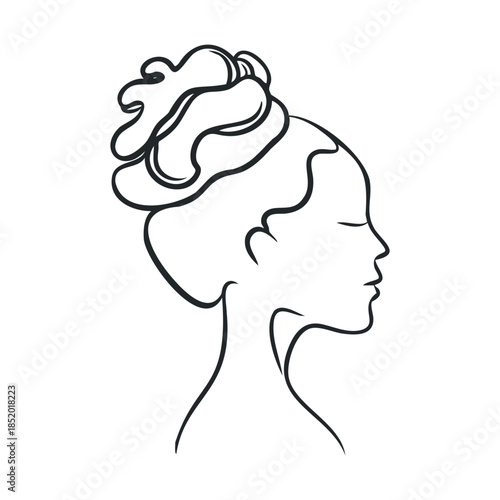Minimalist line drawing of a womans profile with closed eyes and an elegant high bun hairstyle, perfect for branding, beauty salon logos, wellness promotions, or aesthetic lifestyle content
