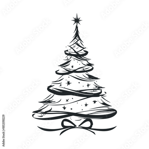 Stylized graphic Christmas tree drawing featuring a star topper, swirling ribbon garlands, and a decorative bow at its base, perfect for holiday greetings, winter events, or seasonal