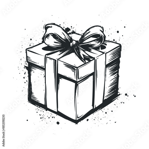 Black and white hand drawn sketch of a gift box with a ribbon and bow for holiday celebrations, special occasion presents, or event promotions