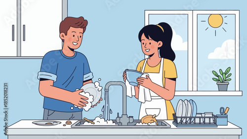Couple washing dishes together in a bright kitchen.