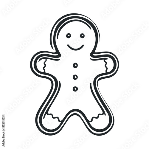 Simple smiling gingerbread man cookie outline drawing ideal for holiday greeting cards festive food packaging or winter season promotional materials
