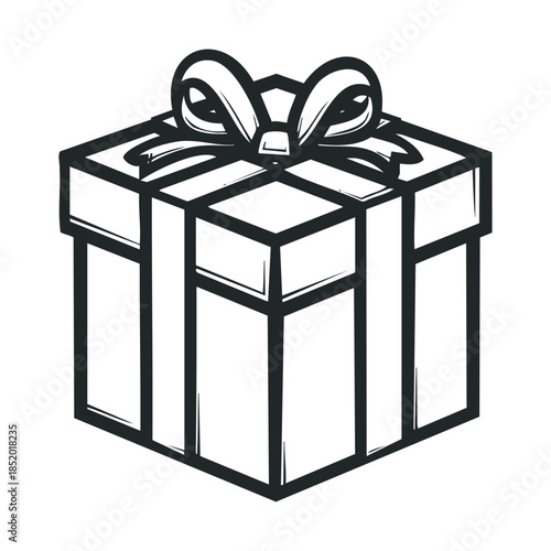 Classic black outline gift box adorned with a decorative ribbon bow, signifying special moments, holiday giving, and joyous celebrations for various event themes