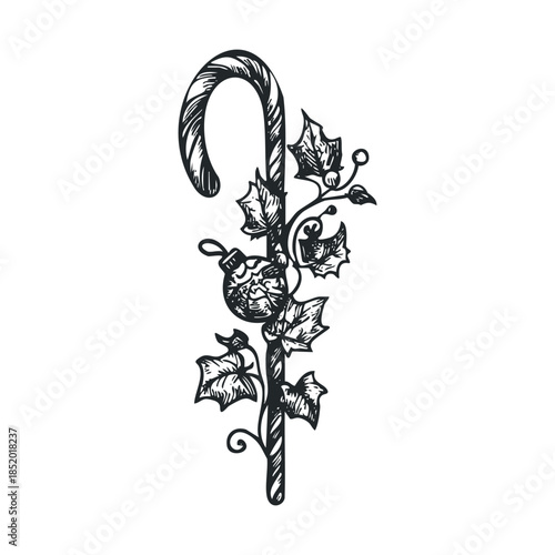 Classic hand drawn candy cane adorned with festive holly leaves and a Christmas tree ornament perfect for holiday greeting posters or winter season event invitations