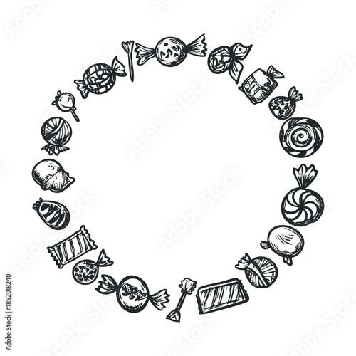 Hand drawn black and white candy and sweet treats doodle in a decorative circular frame perfect for dessert shop menus or festive holiday invitations