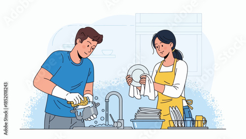 Couple Washing Dishes Together in Kitchen.