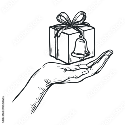 Hand offering a decorated present box with a festive bell and bow, perfect for holiday promotions, seasonal greetings, special occasion invitations, and celebration advertisements.