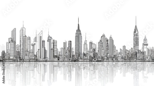 Hand-drawn city skyline sketch illustration with reflection. Modern urban landscape featuring skyscrapers and architectural buildings in monochrome.