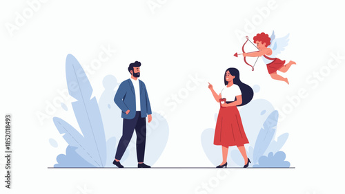 Cupid aims arrow at man and woman symbolizing love and romance.