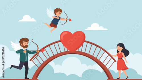 Cupid and couple on a heartshaped bridge celebrating love and romance.