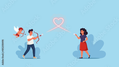 Cupid shoots an arrow of love at a woman symbolizing romance and affection.
