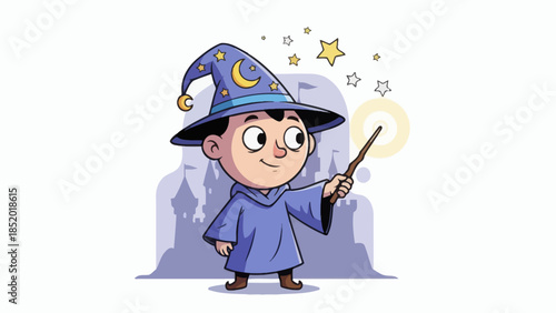 Cute Cartoon Wizard Boy Casting Magic Spell with Wand.
