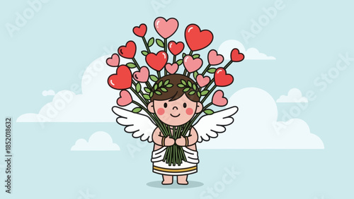 Cute Cupid Angel Holding a Bouquet of HeartShaped Flowers on a Cloudy Sky Background.