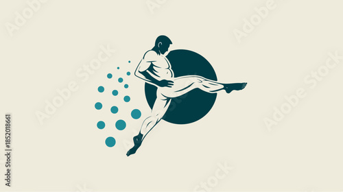 Energetic male figure kicking in mid-air, stylized vector graphic for sports, agility, power, and fitness concepts.
