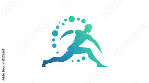 Energetic human figure in dynamic pose with abstract bubbles, representing health, fitness, movement, and well-being.