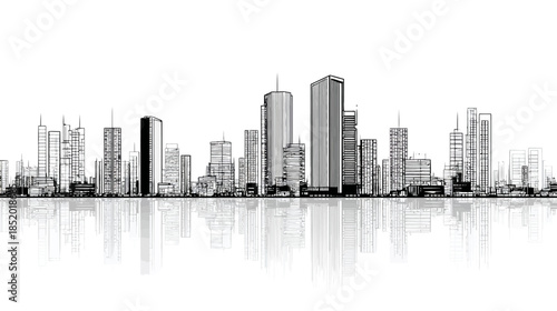 Monochrome hand-drawn city skyline sketch with reflection. Architectural illustration of urban landscape, isolated on white.
