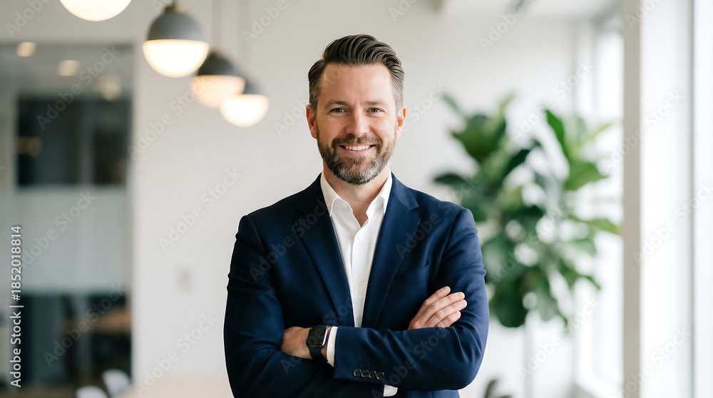 Fototapeta premium A professional businessman with a warm smile stands confidently in a modern office setting with plants high quality detailed elegant stylish