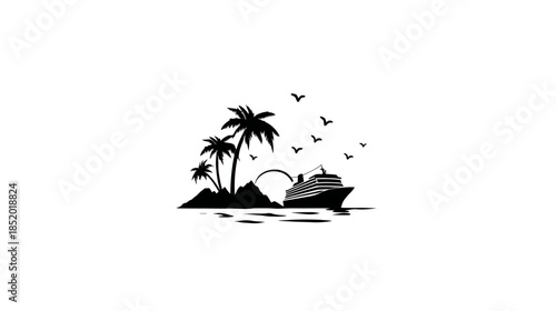 Idyllic tropical island getaway with palm trees and cruise ship sailing, tranquil ocean scene, black and white silhouette illustration.