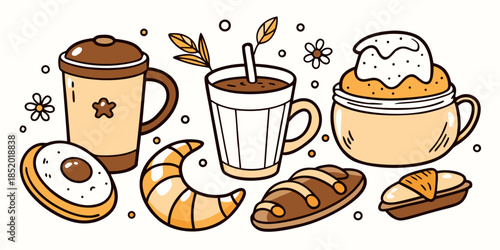 Coffee time doodle. Hand drawn coffee or beverage with cup and croissant, cake and latte. Coffee break line art poster. 