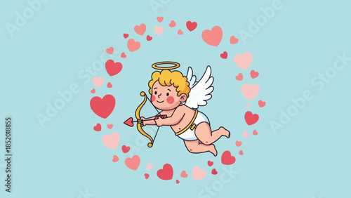 Cute Cupid with Bow and Arrow in Heart Wreath.