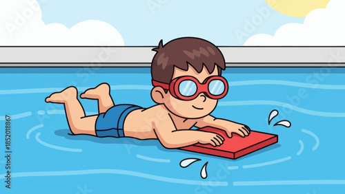 Cute Little Boy Learning to Swim with Kickboard in Pool.