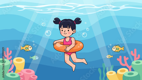 Cute Little Girl Swimming Underwater with an Orange Inflatable Ring.