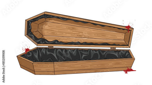 A wooden, open coffin with black satin lining and blood splatters, illustrated in a vintage, hand-drawn horror style.