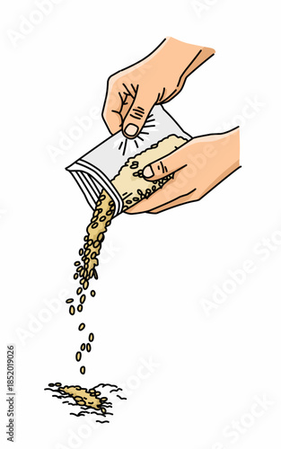 a hand pouring plant seeds into a soil. Gardening activity
