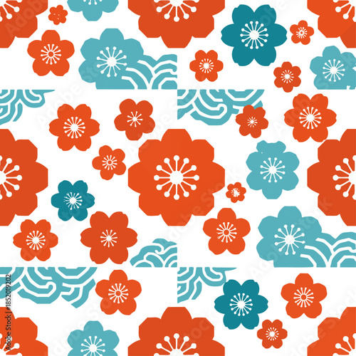 Grandes fleurs japonaises orange et turquoise avec vagues stylisées.