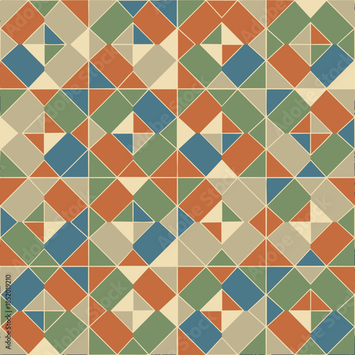 Losanges harlequin aux teintes naturelles et ambiance vintage.