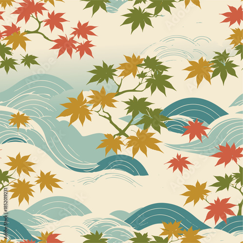 Feuilles d’érable colorées flottant au-dessus de vagues stylisées.