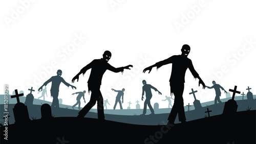 Silhouette of a horde of zombies walking through a misty graveyard with tombstones under a dark sky, for a horror background.
