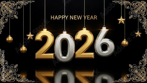 Happy New Year 2026 gold and silver ornaments on black background