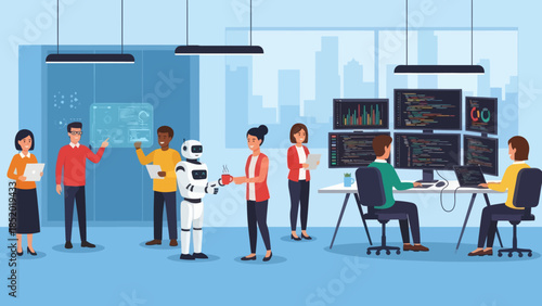 Diverse team collaborating with a robot in a modern tech office surrounded by multiple computer screens displaying code and data.
