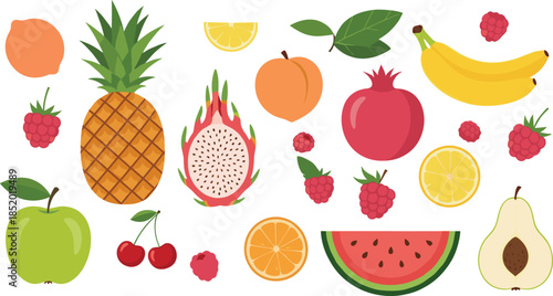 Flat fruit collection featuring pineapple banana apple watermelon berries and citrus vector illustration
