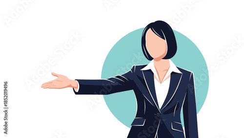 A faceless illustration of a professional businesswoman in a suit, extending her hand for a handshake or as a welcoming gesture.