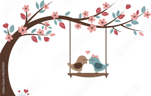 Two children sitting on a swing under a blooming tree