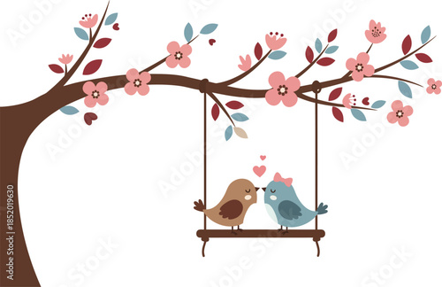 Two girls sitting on a swing under a flowering tree