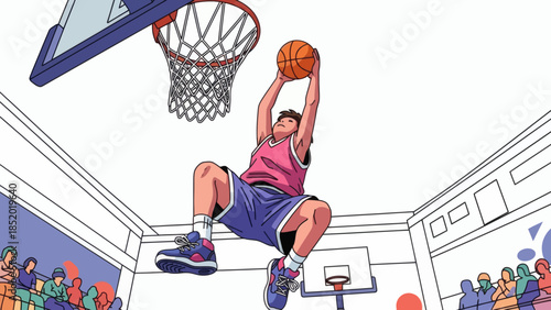Dynamic Basketball Player MidDunk in a Vibrant Court Scene.