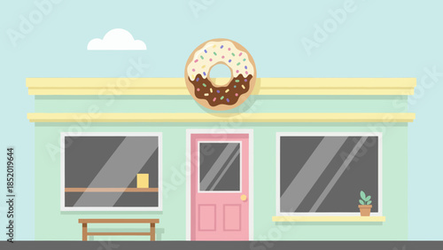 Donut Shop Exterior with Large Donut Sign.