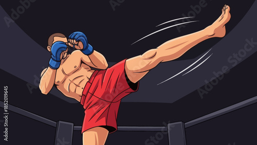 Dynamic Muay Thai Fighter Delivering a Powerful High Kick in the Ring.